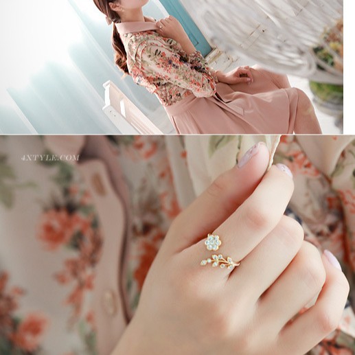 Nhẫn hoa đính đá kết hợp lá ô liu Freesize cho nữ dễ thương phong cách Hàn Quốc J607