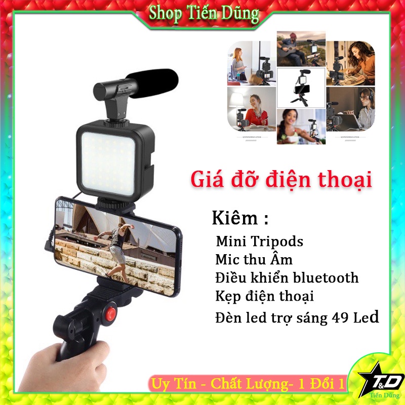 Giá Đỡ Điện Thoại Vlog Shot Kit Kiêm Mic Ghi Âm, Đèn Led, Gậy Tripods Có Điều Khiển Dùng Cho Quay Video Livestream Chụp