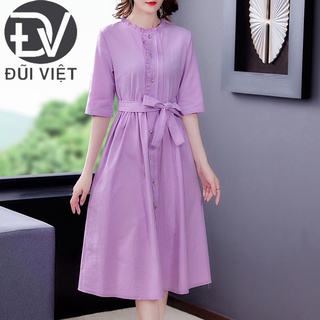 Đầm nữ tay lỡ cổ tròn bèo nhăn eo thắt dây thời trang, chất đũi mát mặc đi làm, dạo phố Đũi Việt