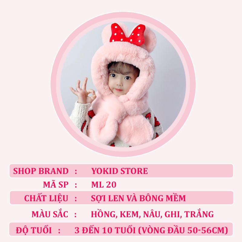 Mũ len cho bé gái trùm đầu kèm khăn nơ cực dễ thương phù hợp trẻ em 3 đến 10 tuổi ML21