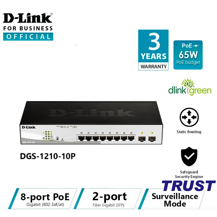 D-LINK DGS-1210-10P - Bộ chia cổng mạng có PoE 10 cổng 8 x 10/100/1000BASE-T PoE ports + 2 x Gigabit SFP ports