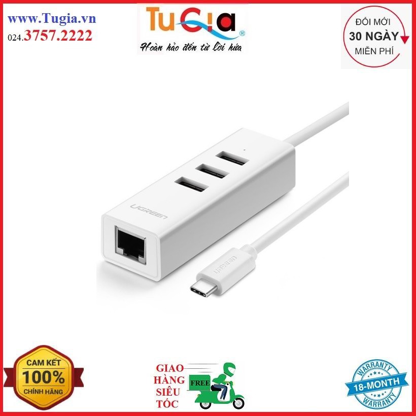 Dây chuyển Type C ra Ethernet+Hub, Ugreen 20792 Hàng chính hãng