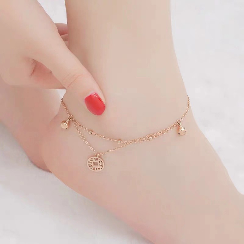 lắc chân hai lớp bằng thép titan mạ vàng hồng 18k phong cách retro | BigBuy360 - bigbuy360.vn
