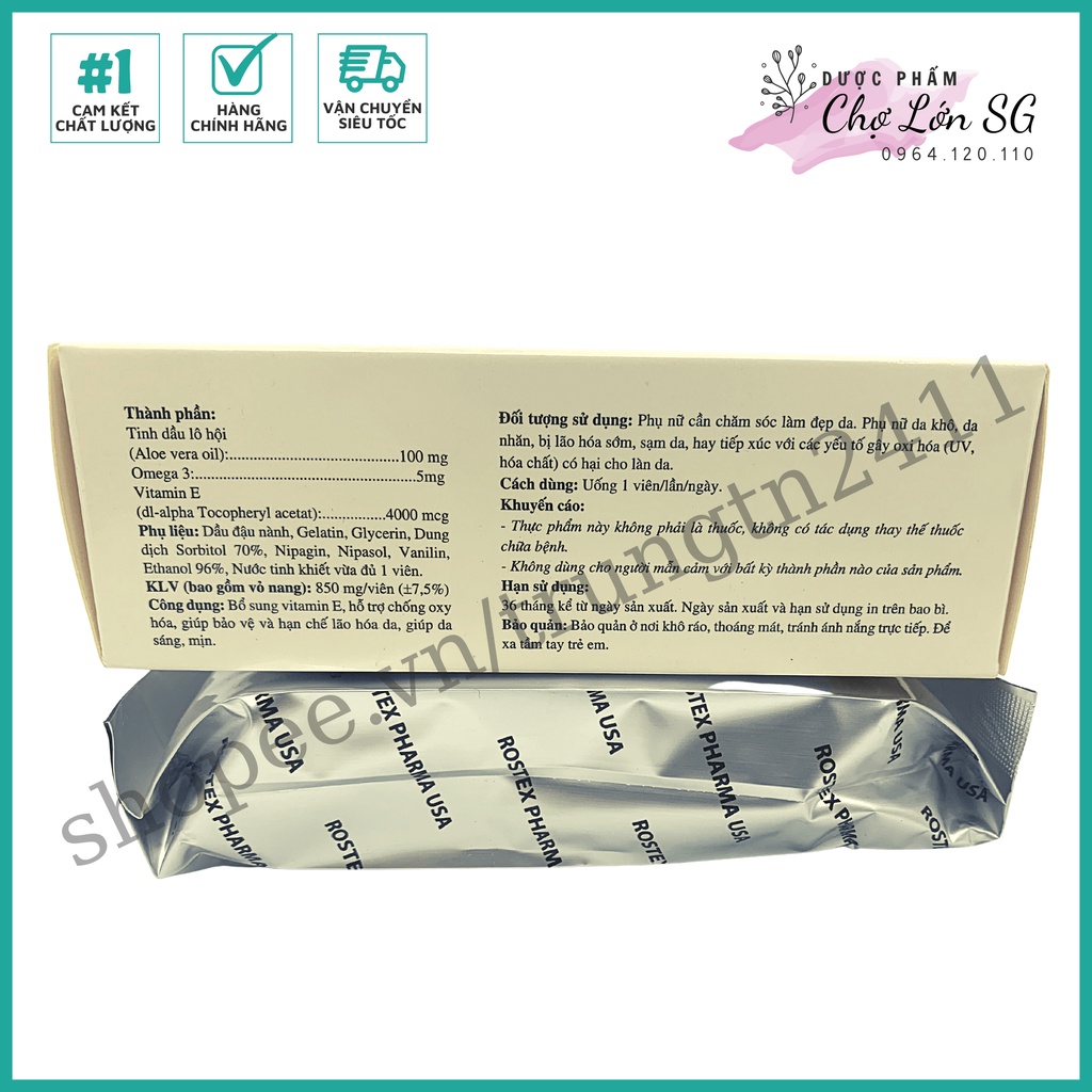 Viên uống đẹp da Vitamin E 4000mcg, tinh dầu lô hội làm đẹp da, chống lão hóa - Hộp 30 viên