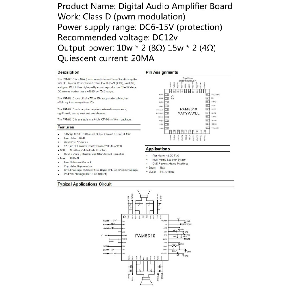 Bảng Mạch Khuếch Đại Âm Thanh Kỹ Thuật Số Kép 12v 2x15w Pam8610 Class D