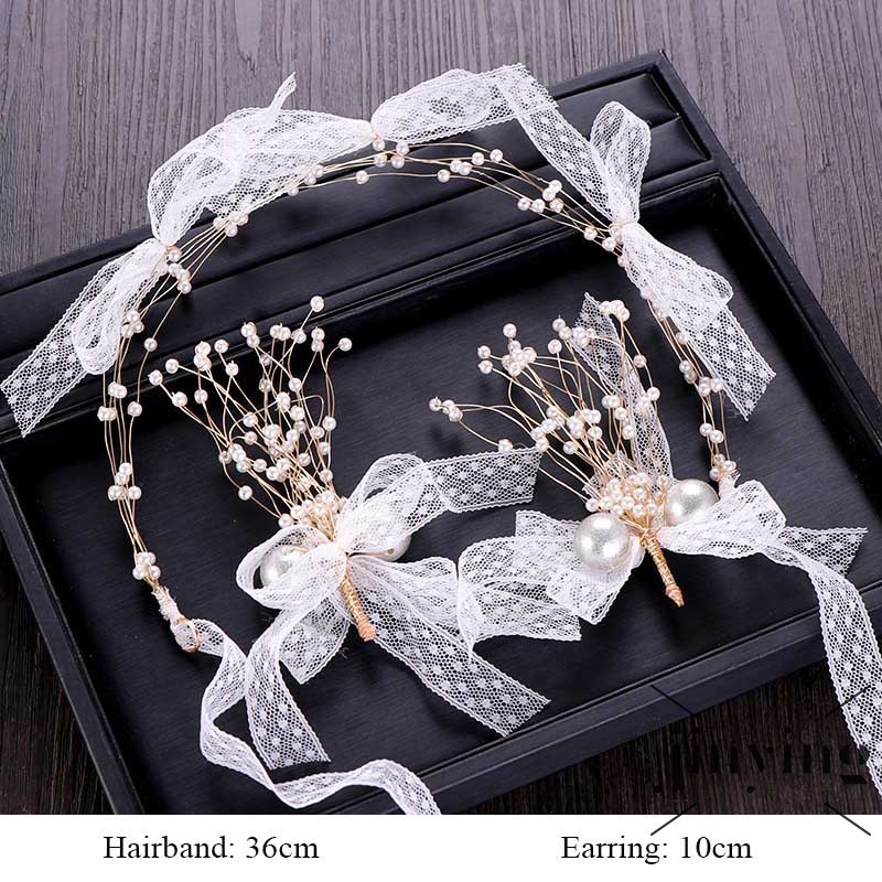 GETNOIVAS Set băng đô + khuyên tai nơ đính ngọc trai giả thanh lịch cho cô dâu