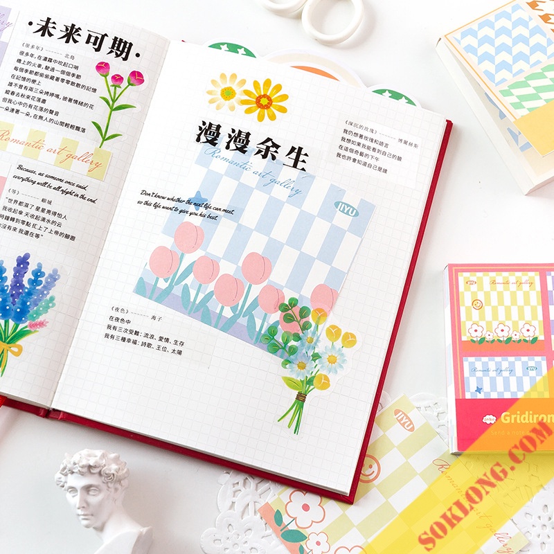 Bộ 100 tờ Note ghi chú Caro dễ thương NO17 hình Bánh kem, Vườn hoa cute trang trí sổ bullet journal