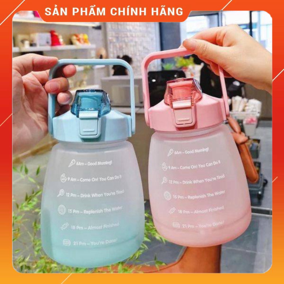 Bình Nước 1.3L Dễ Thương Có Vạch Báo Giờ Uống Nước Có Ống Hút AHM Mart