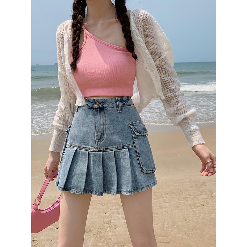 Chân váy denim dáng chữ A lưng cao xếp ly phong cách cổ điển thời trang cho nữ