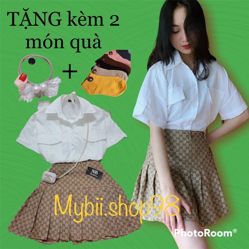 Set váy ( có quần trong lót ) Gucci kaki mix áo sơ mi dày dặn fom 40-58kg ảnh thật shop tự chụp, kèm quà tặng