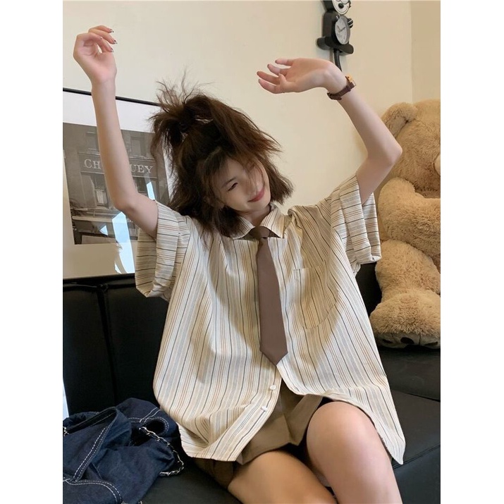 Bộ Áo Sơ Mi POLO Ngắn Tay Kẻ Sọc + Chân Váy Xếp Ly Đáng Yêu Cho Nữ