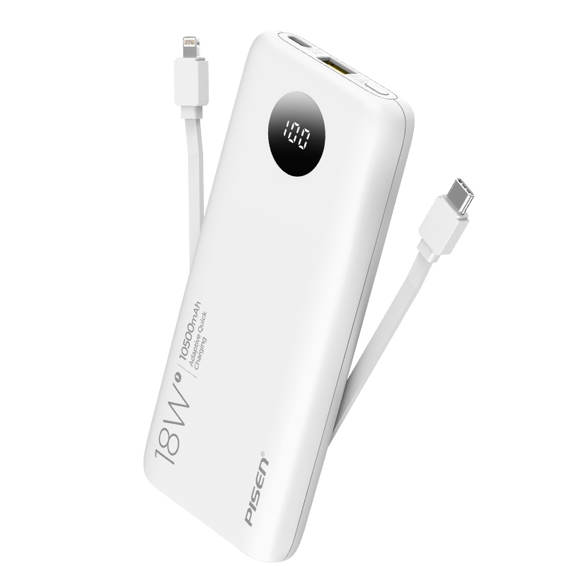 Sạc dự phòng kèm cáp cao cấp Pisen Quick PowerFo 10500mAh 18W, trắng - Hỗ trợ sạc nhanh, tương thích với mọi thiết bị