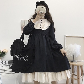 [Order] YAS0342-Váy Lolita đen cổ tròn phối ren