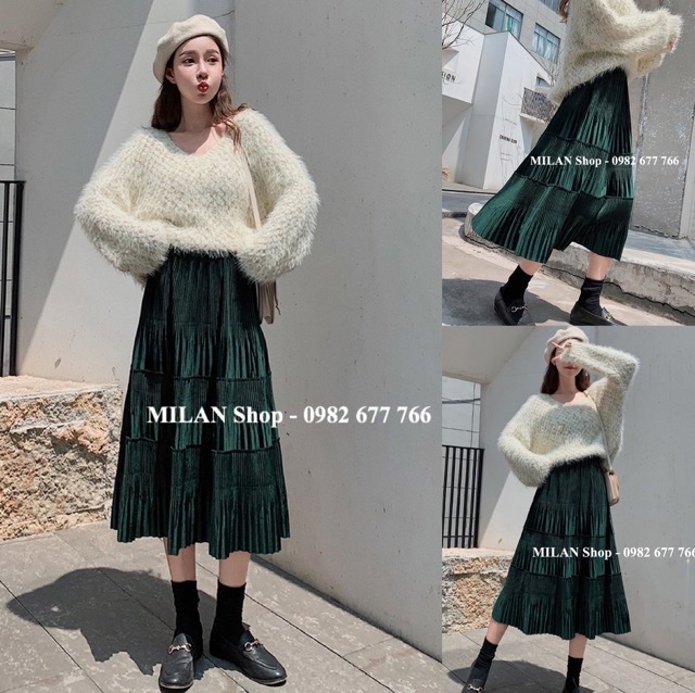 Chân váy nhung xoè dập ly midi siêu xinh new hot | BigBuy360 - bigbuy360.vn