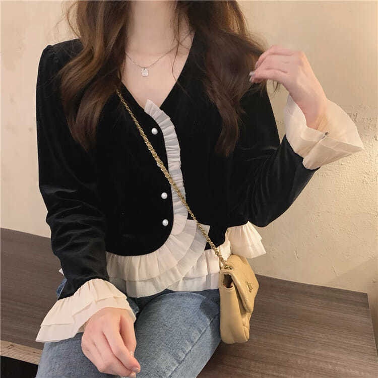 Áo Nhung Dài Tay Phong Cách Retro Pháp Cho Nữ