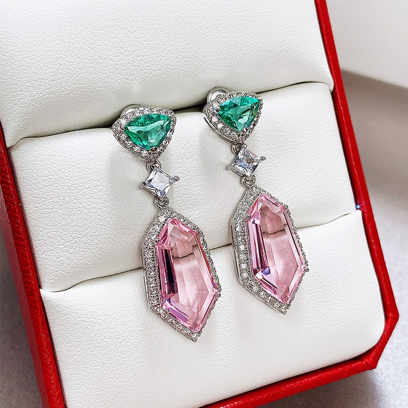 Khuyên tai Pinkdudu PD849 hợp kim dáng dài đính đá zircon màu hồng thời trang cho nữ