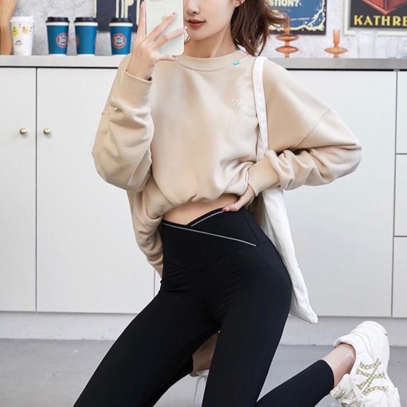 Quần legging nữ dài cạp siêu cao chéo trước gen bụng co giãn tốt