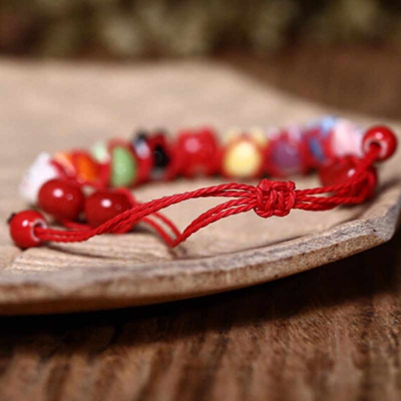 Vòng tay dây bện mặt hình mèo bằng gốm sứ dễ thương