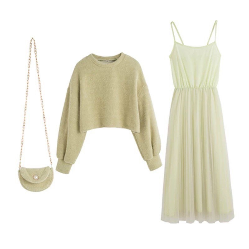 SET CÔNG CHÚA VÁY 2 DÂY CHÂN VOAN VÀ ÁO DẠ LÔNG KÈM TÚI ĐEO