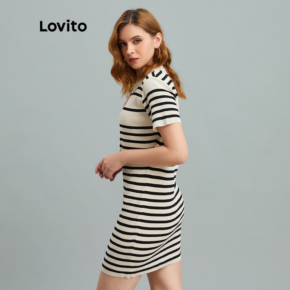 Đầm Lovito L10119 cổ polo họa tiết kẻ sọc phong cách Preppy màu be