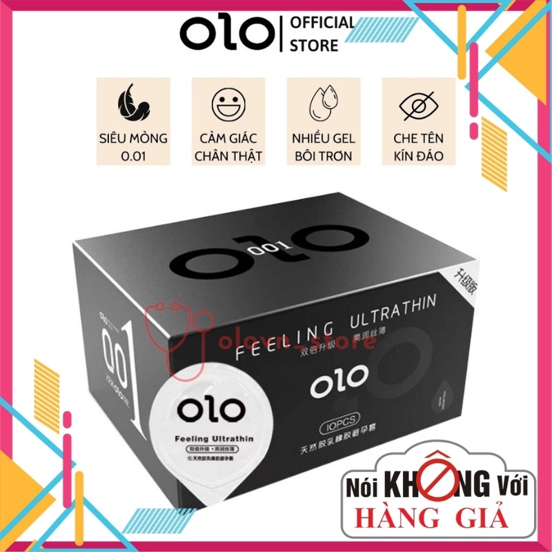 Bao cao su OLO 0.01 Đen Feeling Ultrathin siêu mỏng, hương vani, nhiều gel bôi trơn - Hộp 10 bcs