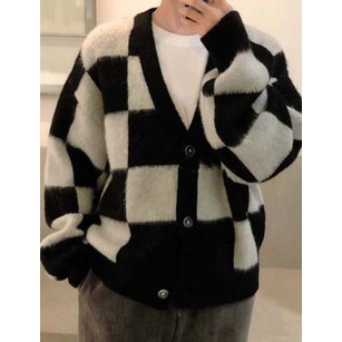 Áo khoác cardigan len kẻ ô Candykeen cheap moment Blackpink đen trắng
