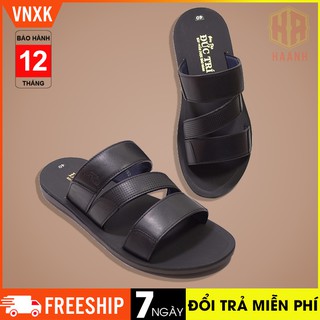 Dép da nam cao cấp dép quai ngang da bò thật màu đen đế cao su VNXK Bảo Hành 12 Tháng
