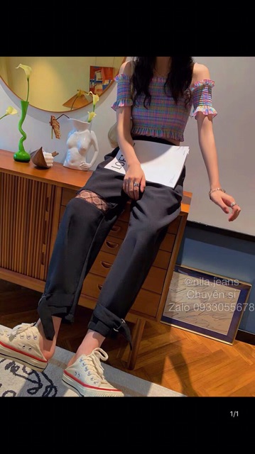 Quần baggy vải phối ren dây thắt chân cực trendy