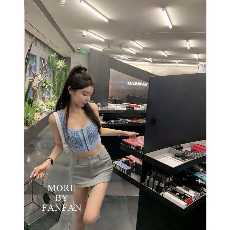 Jacquard zipper sling vest female designer short sleeveless sweater 2022 new U-collar t-shirt