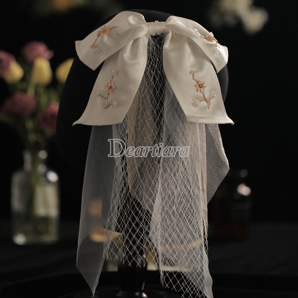 Phụ Kiện Cài Tóc Cô Dâu Phối Hoa Và Mạng Che Mặt Thêu Phong Cách Hàn Quốc