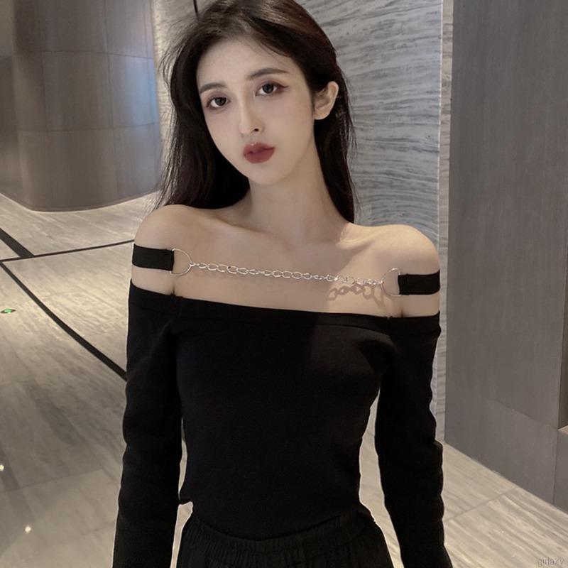 Áo thun nữ tay dài dáng ôm hở vai thời trang Hàn Quốc