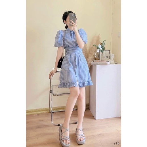 Váy sơ mi suông kẻ xanh đuôi bèo kèm đai siêu xinh