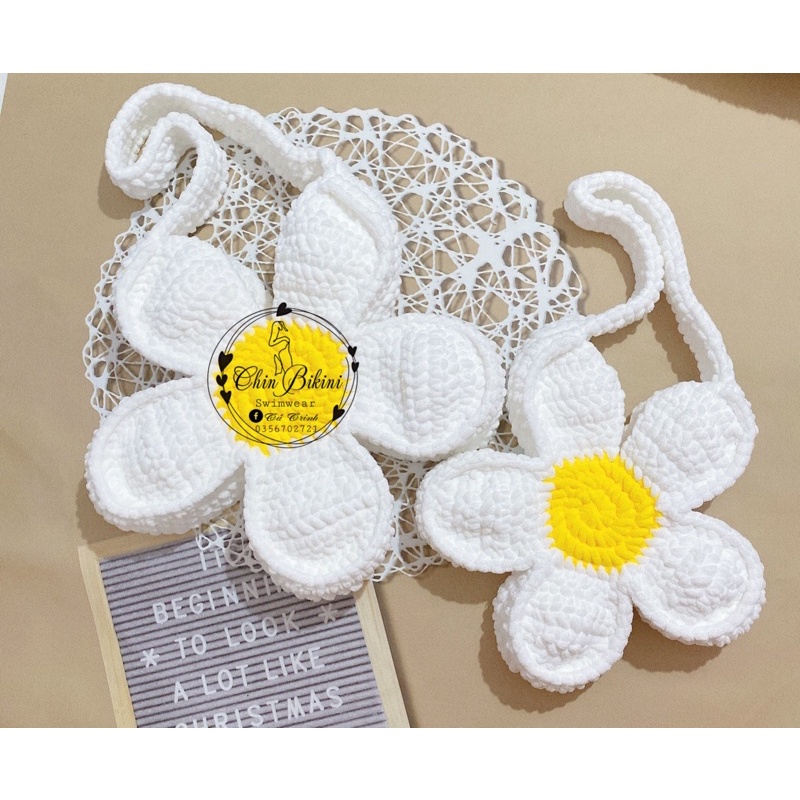 Túi len bông hoa cúc đeo vai size 40cm