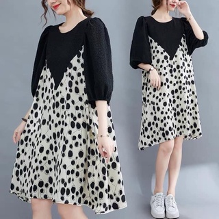 PODICA dưới 90kg Váy Bigsize giả yếm suông hoạ tiết chấm đen, váy bầu mặc thoải mái