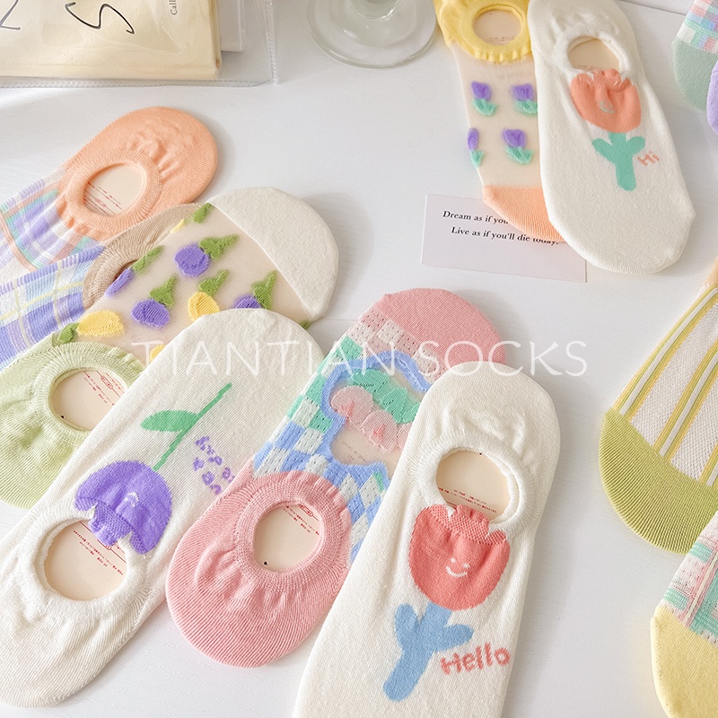 TIAN TIAN T186 Vớ Cotton Lụa Cotton Pha Thủy Tinh Tinh Khiết Chống Trượt Chống Rơi Vỡ In Hình Hoa Dễ Thương Phong Cách Nhật Bản Cho Nữ Vào Mùa Hè