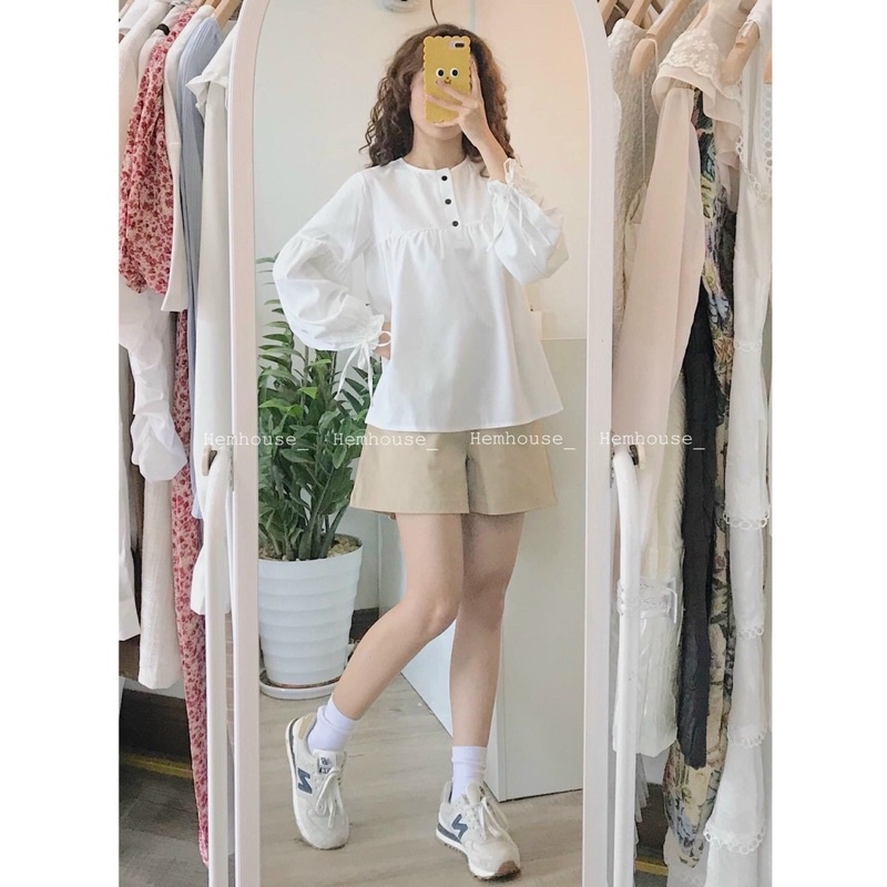 [Ảnh thật/video] Set áo sơmi babydoll bánh bèo và quần sooc nâu dày dặn/ Áo sơ mi nơ tay