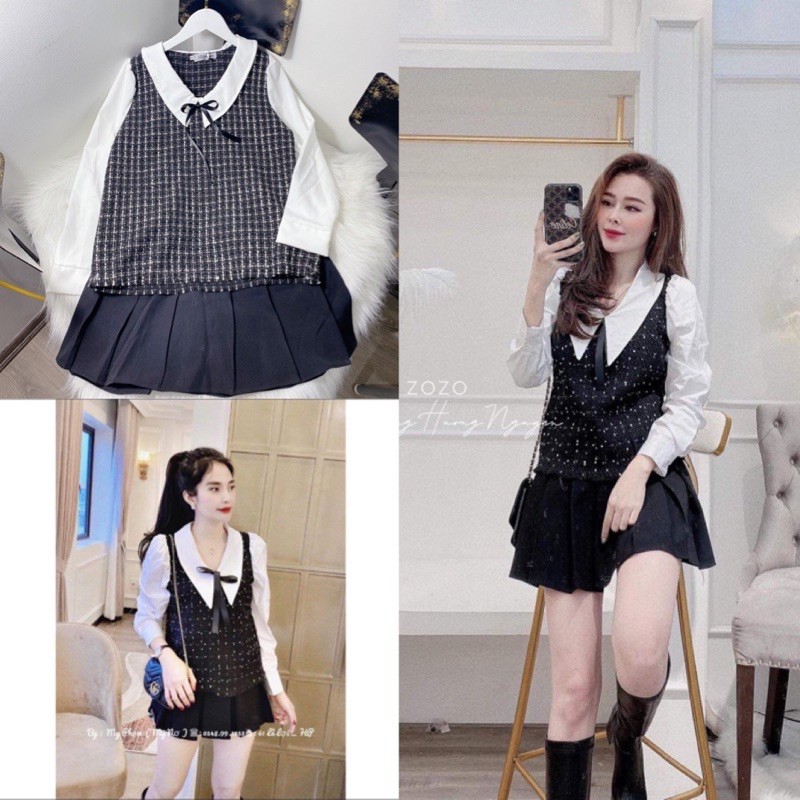 bán sỉ set áo dạ phối tay sơ mi vs chân váy xếp ly