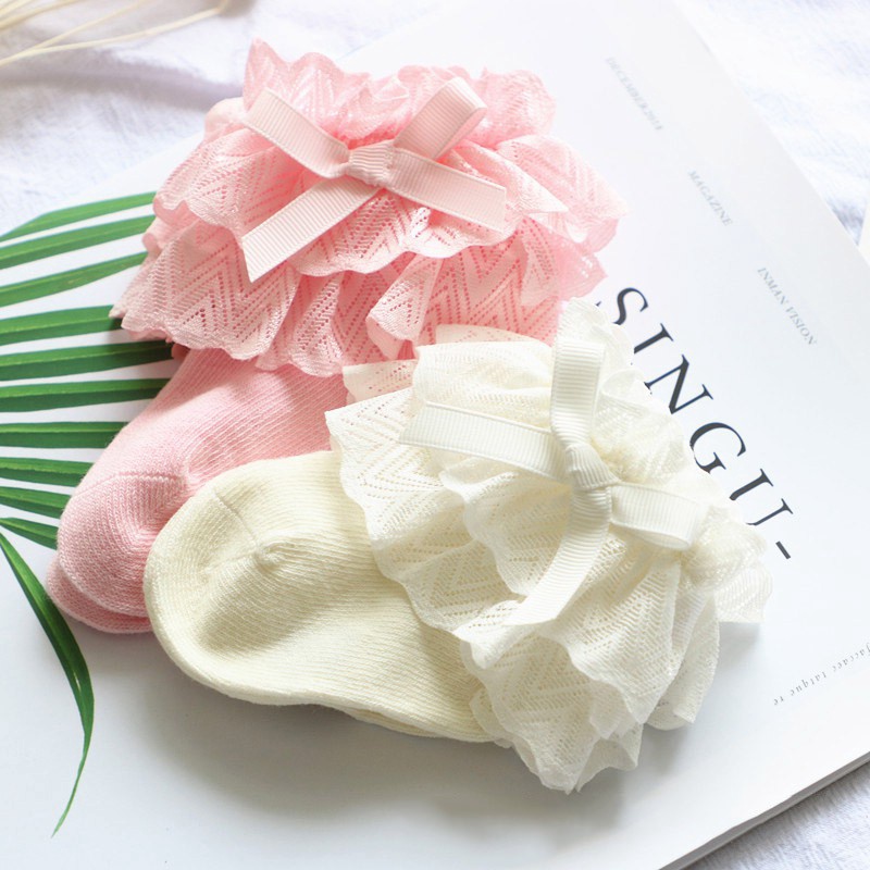 Vớ cotton ren hoa đính nơ dễ thương cho bé gái từ 0-12 tháng tuổi tùy chọn màu sắc