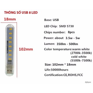 Đèn led usb trong suốt 8 bóng siêu sáng