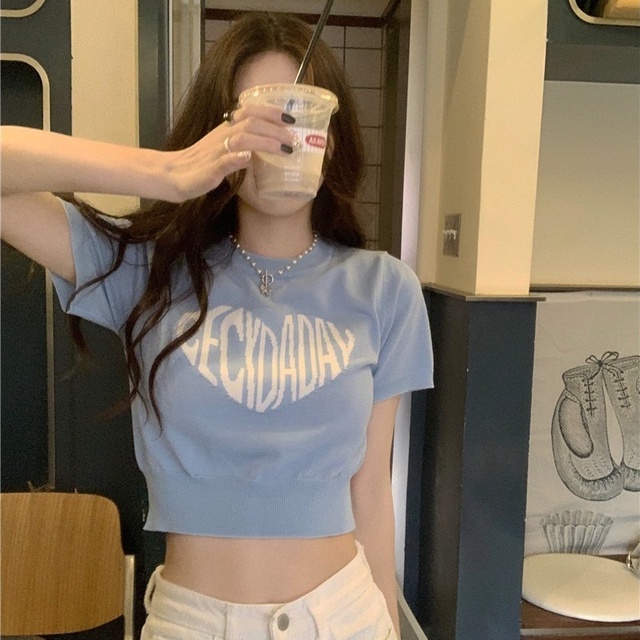 【Hana and Alice】Áo Croptop Dệt Kim Tay Ngắn In Họa Tiết Phong Cách Hàn Quốc Quyến Rũ Cho Nữ
