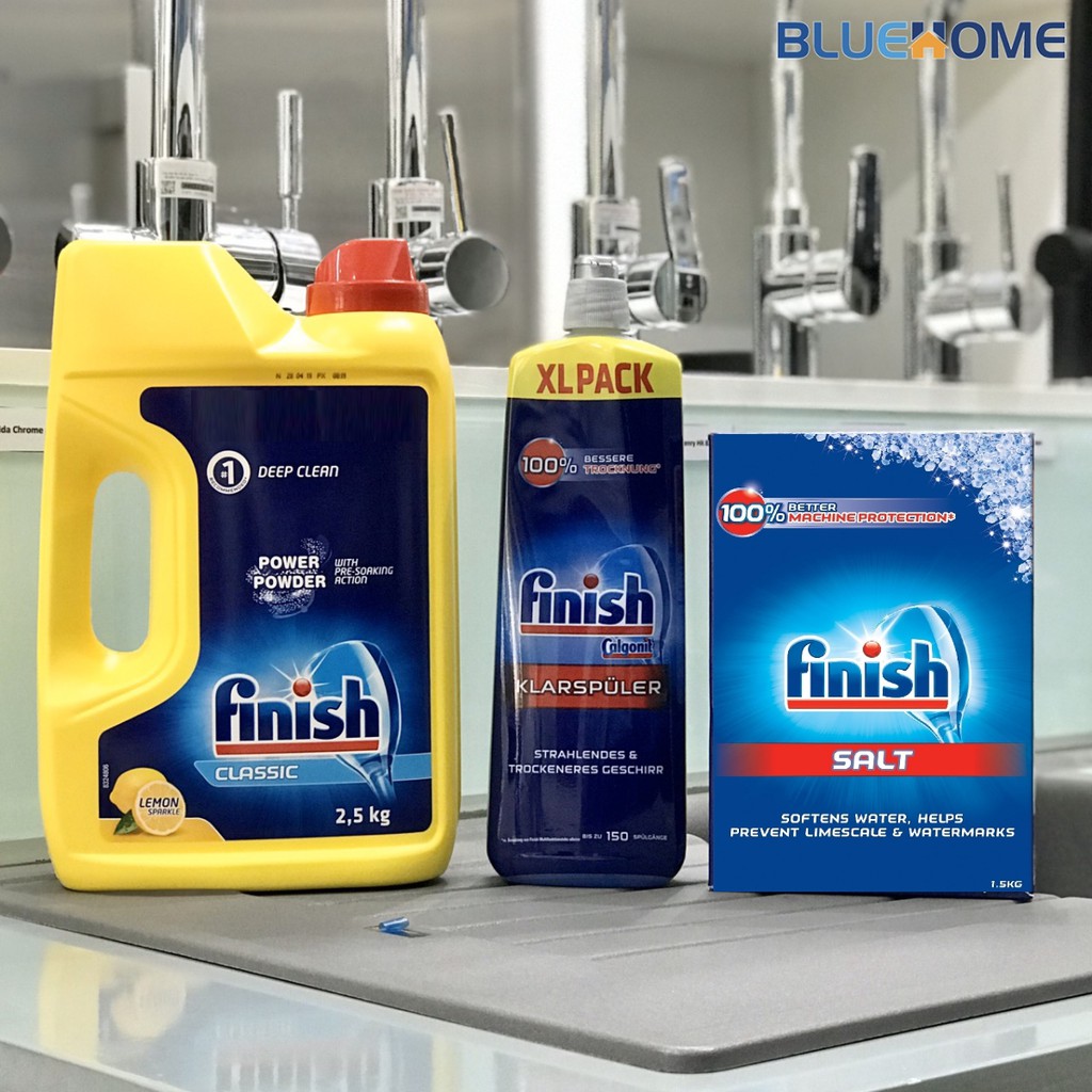 Combo rửa bát: Bột Finish 2,5kg hương chanh + muối Finish1.5kg + Bóng Finish 750ml