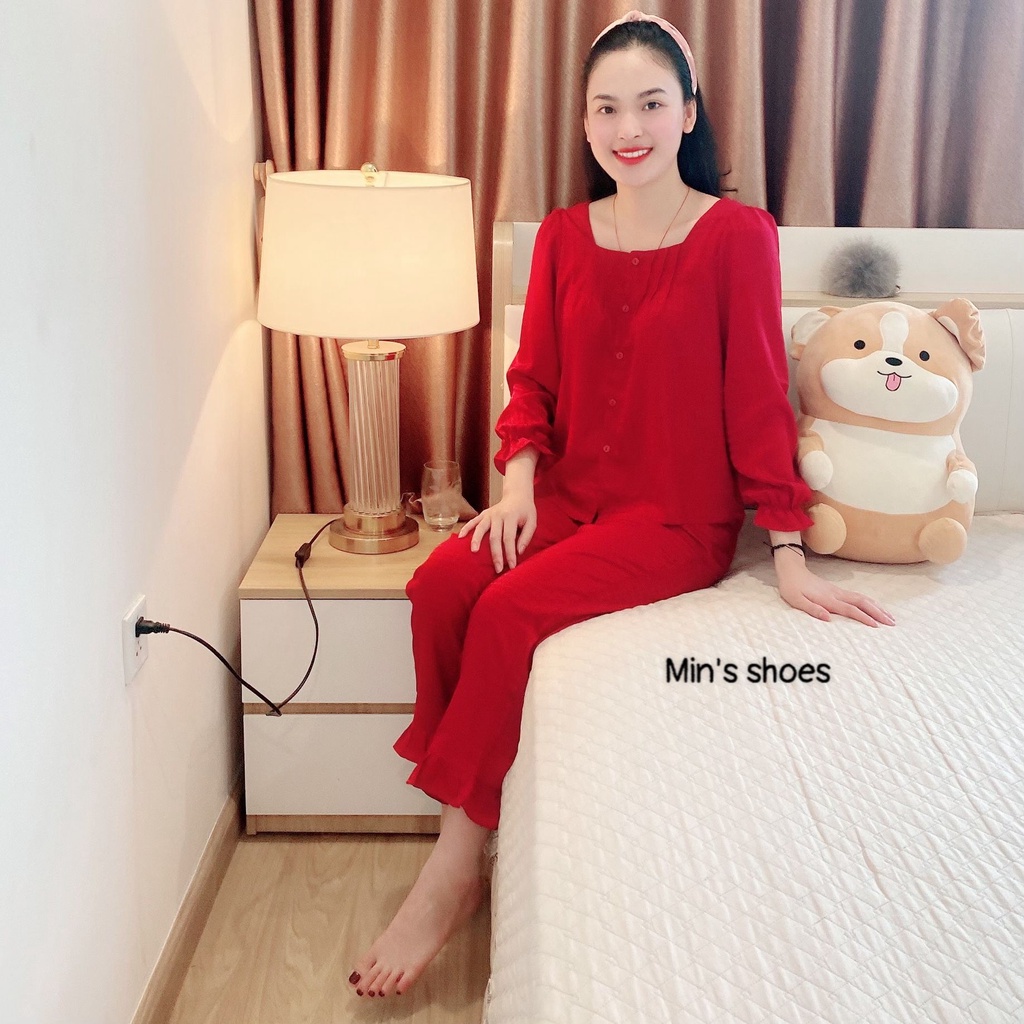 Min's Shoes - Bộ Ngủ Dài Tay Nữ Lụa Cao Cấp Cổ Vuông B108