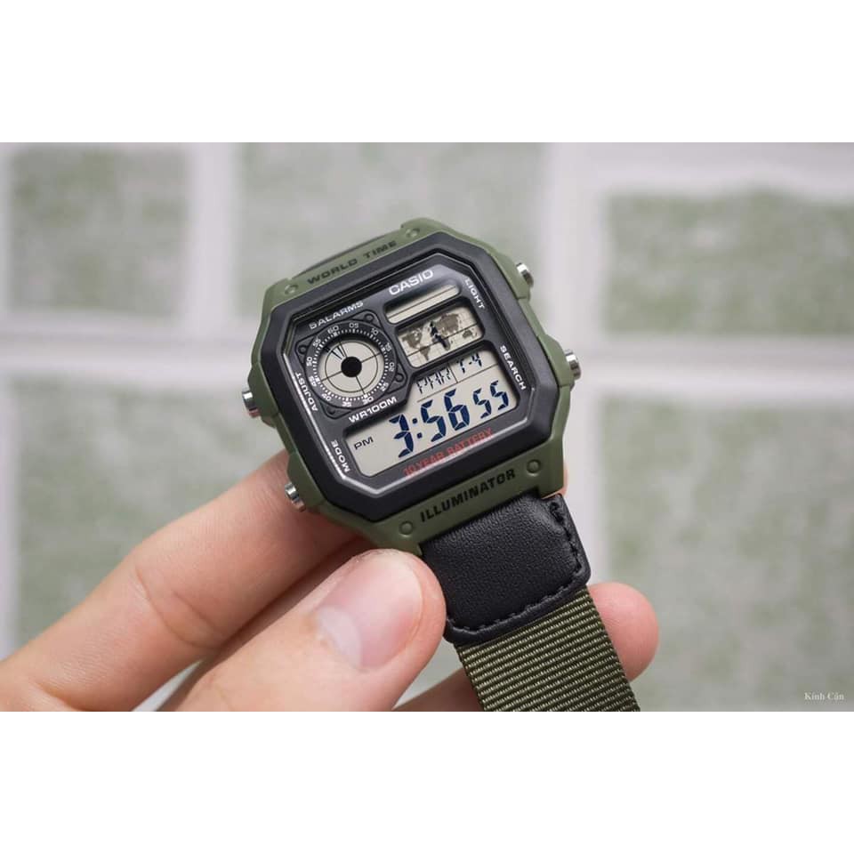 Đồng hồ Nam Casio AE1200 Dây Dù Màu Xanh Quân Đội - Pin 10 Năm