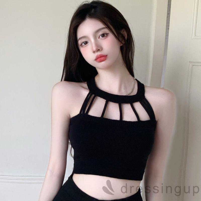 DRE-Women Knit Vest, Sleeveless Crew Neck Hollowed Solid Slim Fit Summer Tops