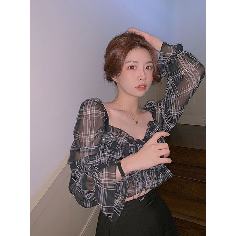 Áo Croptop Vải Voan Phối Dây Rút Kẻ Sọc Kiểu Retro Cho Nữ