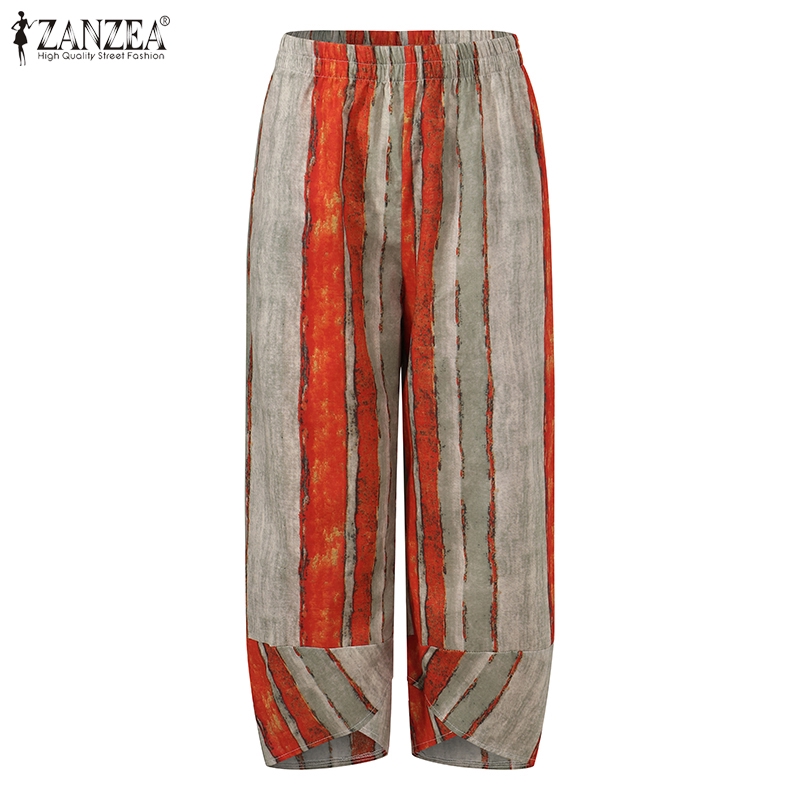 Quần Dài ZANZEA cho Nữ Ống Rộng Họa Tiết Kẻ Sọc Vintage Thời Trang