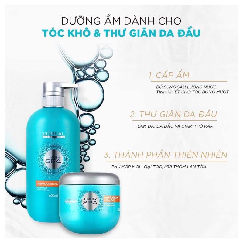 Bộ dầu gội ủ/ hấp tóc Loreal Hair Spa siêu mềm mượt chính hãng 600ml/500ml- cặp