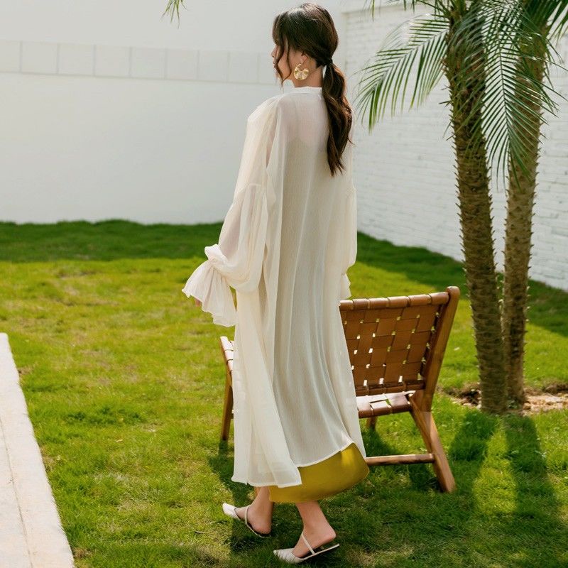 Áo Khoác cardigan chiffon Mỏng Dáng Dài Tay Phồng Chống Nắng Phong Cách Phương Tây Thời Trang Mùa Hè Cho Nữ