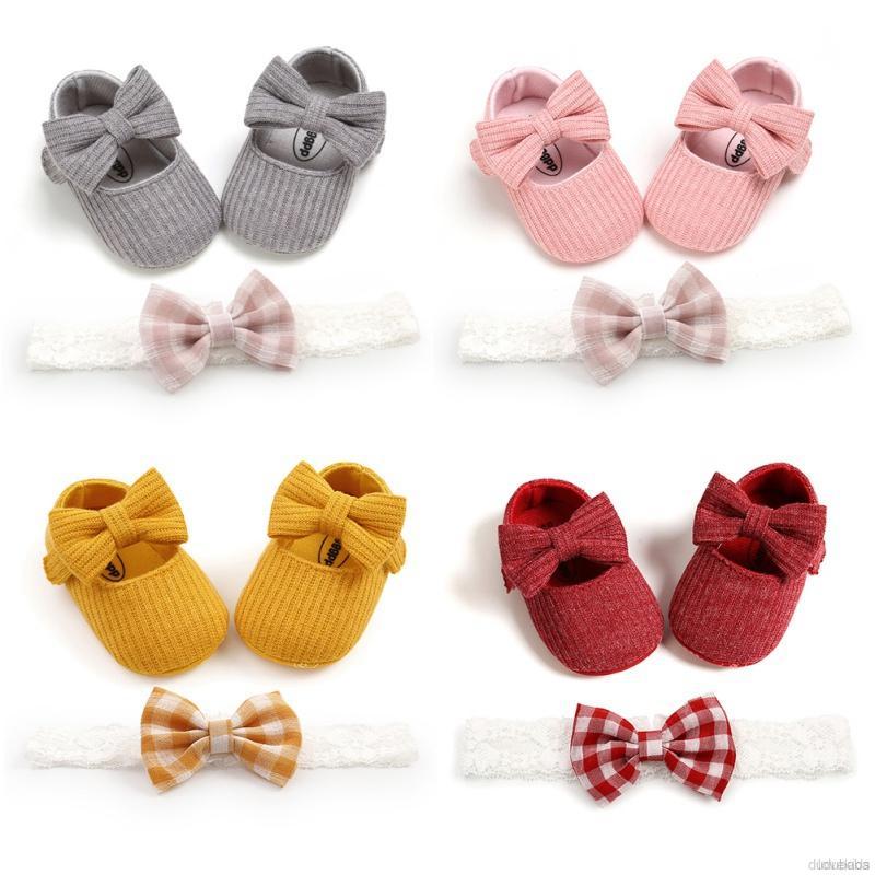 Set 2 Món Gồm Giày Chống Trượt Đính Nơ Và Băng Đô Cho Bé Gái Từ 0-18 Tháng Tuổi