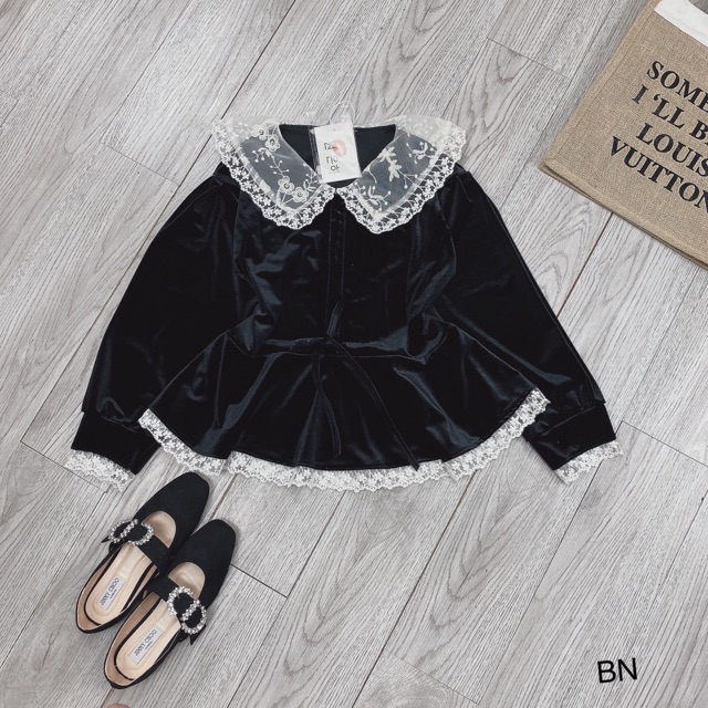 Áo peplum nhung cổ ren dài tay hàng quảng châu